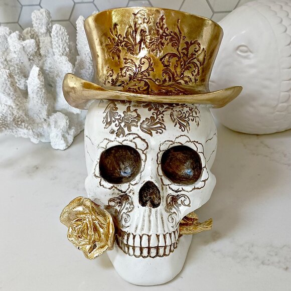 NEW! GOTH GLAM SKULL SKELETON ROSE & HAT - Picture 1 of 5
